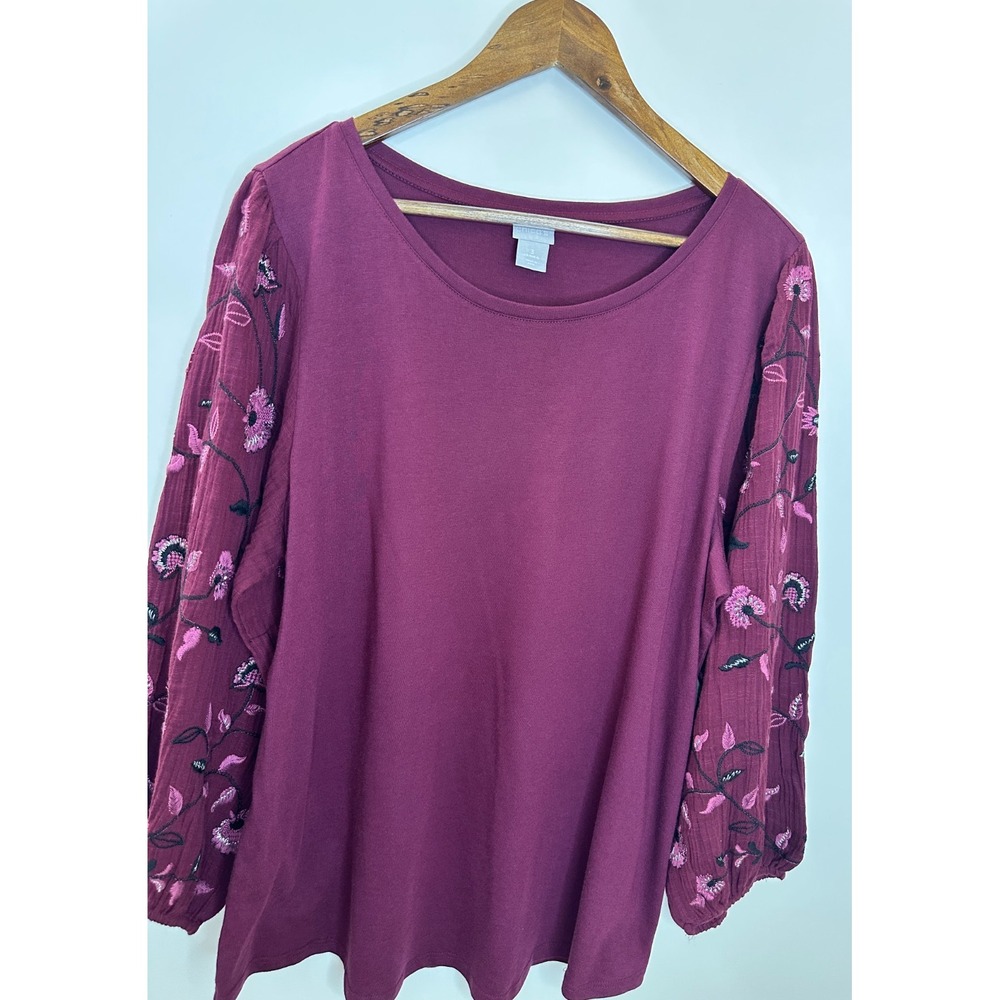 Chico's Embroidered Floral Balloon Sleeve Knit Top Women's Size 3 16 XL Burgundy - Picture 4 of 9